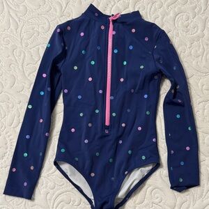 Mini Boden Kids Long Sleeve Navy Glitter Polka Dot Zip-Front Swimsuit Size 6/7